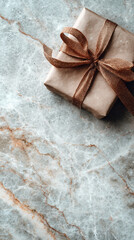 Vertical caf&eacute; shot: gift on marble table bottom frame, soft urban background, copy space top.