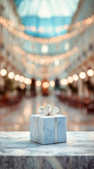 Vertical caf&eacute; shot: gift on marble table bottom frame, soft urban background, copy space top.