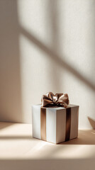 Tall minimalist shot: gift box casting soft shadow, neutral background, copy space.