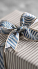 Tall frame: ribbon bow in focus, gift partially visible below, neutral copy space.