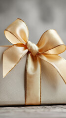 Tall frame: ribbon bow in focus, gift partially visible below, neutral copy space.
