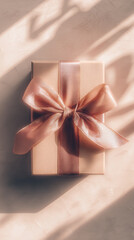 Minimal vertical shot of luxury gift with soft shadow, pastel tones, text area above.