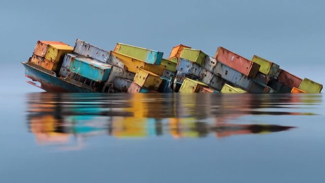 Cargo ship sinking with containers at sea maritime disaster concept