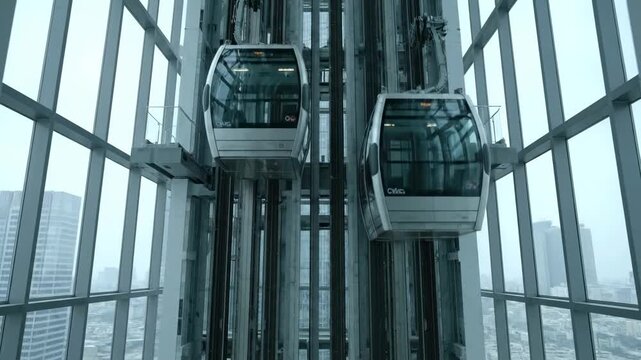 Two modern glass elevators ascending inside a tall skyscraper with a city view through large windows on a bright day.