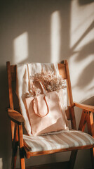 Gift bag hanging on chair, vertical frame, neutral wall with copy space.