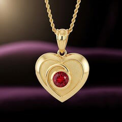 Golden heart pendant with a sparkling red gemstone adorns a chain.