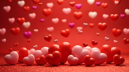 A romantic scene of floating red and pink hearts on a vibrant red background with a cluster of hearts on the ground