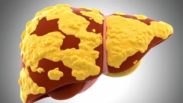 Detailed anatomical illustration of a human liver severely affected by fatty liver disease, showing extensive yellow fat accumulation.