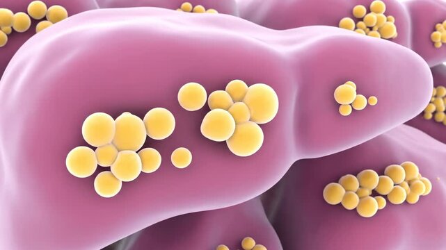 3D illustration of a fatty liver, showing yellow fat droplets accumulated within the pink liver tissue, representing hepatic steatosis.