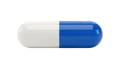 Single white and blue capsule medication pill with glossy surface isolated on a transparent background