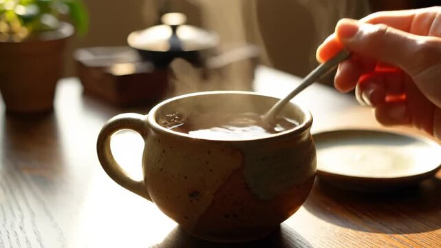 Close up of hand stirring hot tea in a ceramic mug sunlight bokeh