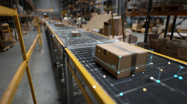 Medium shot of conveyor belt transporting repossessed items while AI sensors capture detailed evaluation metrics.