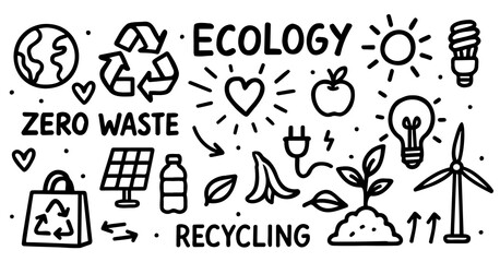 Obraz premium Ecology and Sustainability Doodle Icons Set - Recycling, Zero Waste, Green Energy and Eco Lifestyle