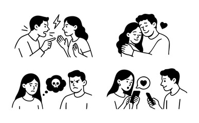 Fototapeta premium Couple Relationship Doodle Illustrations - Love, Conflict, Emotions and Communication