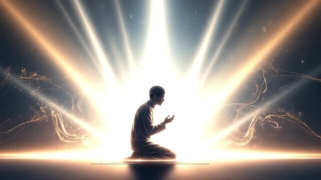 Silhouette praying with radiant light burst abstract concept