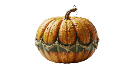 Textured ornamental gourd with ribbed segments and bumpy surface isolated on a transparent background