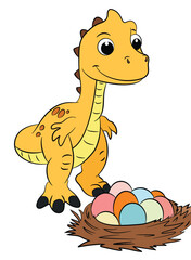 Baby dinosaur standing next to a nest of colorful egg