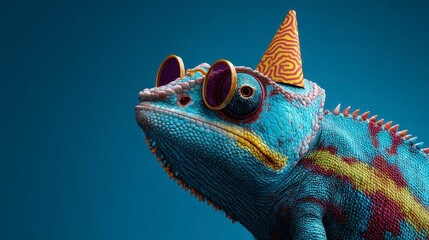 A vibrant, colorful chameleon, adorned with party accessories like glasses and a hat, stands out against a blue background