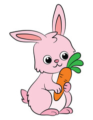 A pink cartoon rabbit holding a carrot