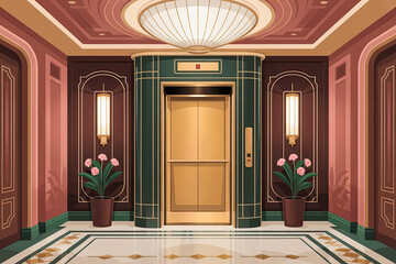 An open passenger elevator in a luxury Art Deco hotel, illustration