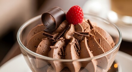 Rich chocolate mousse in a glass bowl topped with a raspberry and chocolate shavings.