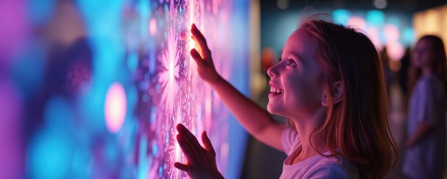 Little girl explores interactive tech wall display. Hands touch glowing screen with curious, happy face. Child enjoys modern digital art show at museum. Learns new things through playful interaction.