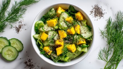 A vibrant, overhead shot of a fresh salad in a white bowl, containing mango chunks, cucumber, chia seeds, and dill