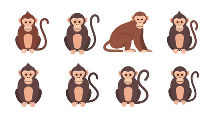 Collection of cute cartoon chimpanzee characters displaying different poses including sitting and standing postures for children's designs