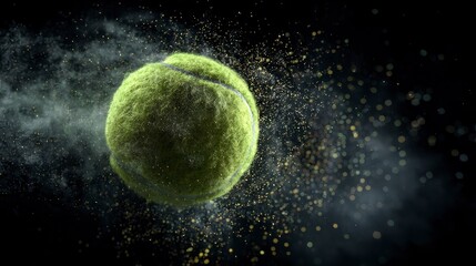 A vibrant tennis ball suspended mid-air, surrounded by dynamic trails of golden particles and misty vapor against a stark black background