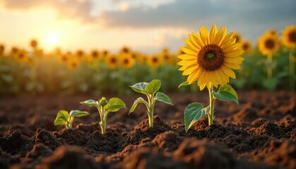 Sunflower seedlings grow in rich soil at sunset. One flower fully blooms. A field of sunflowers in background. Concept of growth farming ecology nature. © Vadym