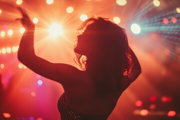 A person dances in bright lights with arms raised in celebration. A vibrant silhouette of a person dancing with arms up, enjoying the electric atmosphere of a party with bright lights.