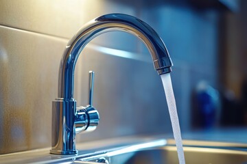 A shiny metal faucet releases clear cool water into a sink. Clean water flows steadily from a sleek chrome kitchen faucet, filling a sink basin in a modern home environment.