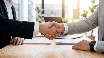 Two business professionals shaking hands during a formal meeting in a modern office environment
