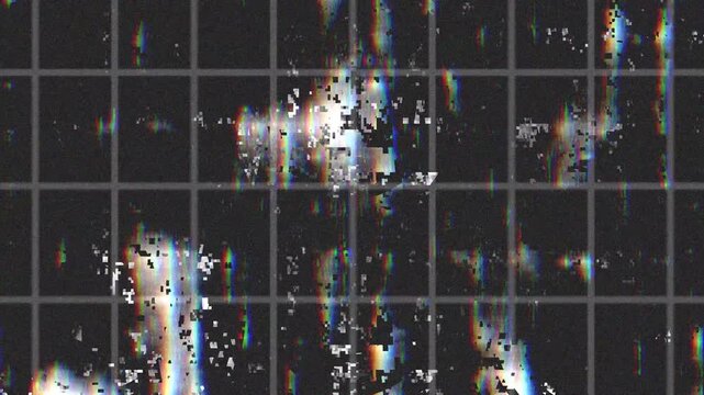 Retro VHS overlay No Signal text on grey grid pattern with colorful chromatic aberration glitch texture