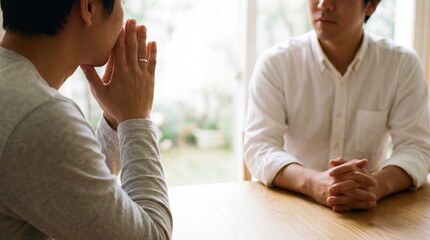 Two men in serious conversation discussing important matters during a meeting at work