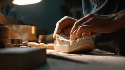Medium shot capturing hands shaping a manual orthotic mold with traditional tools highlighting expert craftsmanship in a workshop.