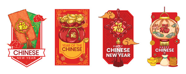 Label Traditional Chinese lantern with gold coins and "Fu" character for Lunar New Year.