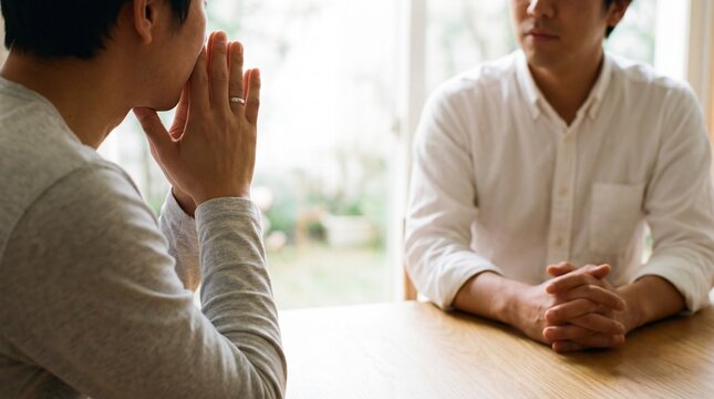 Two men in serious conversation discussing important matters during a meeting at work