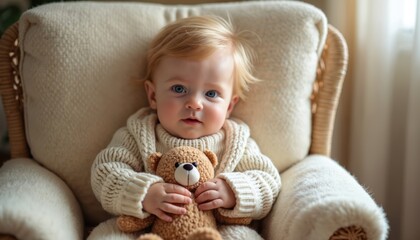 Fototapeta premium Cute baby sits in chair with teddy bear. Adorable blond kid smiles, hugs toy. Child in cozy sweater plays at home indoor. Childhood happiness portrait.