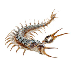 A close up of a small red moth and its caterpillar isolated on white featuring long antenna and vibrant nature colors reminiscent of fresh raw seafood like a red lobster or crayfish