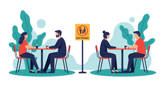 People sitting at separate tables in a cafe or restaurant with a Keep Distance sign, illustrating social distancing safety measures.