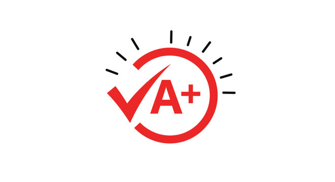 Red A-plus grade icon with a check mark, symbolizing excellent school performance, high test scores, and academic achievement.
