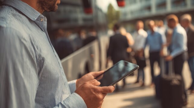 Tour guide organizing transportation schedules on a digital device ensuring smooth connections for a collective travel group.