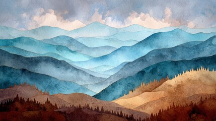 Abstract watercolor landscape depicts layered mountain ranges in shades of blue, teal, and brown. Some trees are in the forefront
