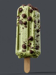 Delicious mint chocolate chip ice cream popsicle on a wooden stick. Perfect for a hot day. Indulge in this refreshing treat. Enjoy it anytime. Generative AI