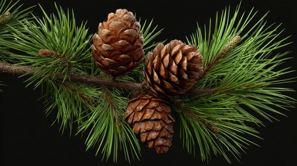 A beautifully detailed depiction of pine cones on a branch. Nature brings warmth and elegance to any setting. Perfect for seasonal decor or nature themes. Generative AI
