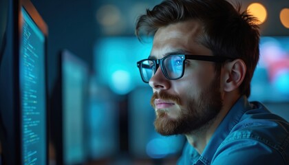Man with glasses types code on computer screen at night. Programmer works late in office on software development project. Young adult focuses on tech task.