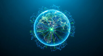 Illuminated globe with geometric network, floating in blue starry space, representing global connection, technology, and digital communication
