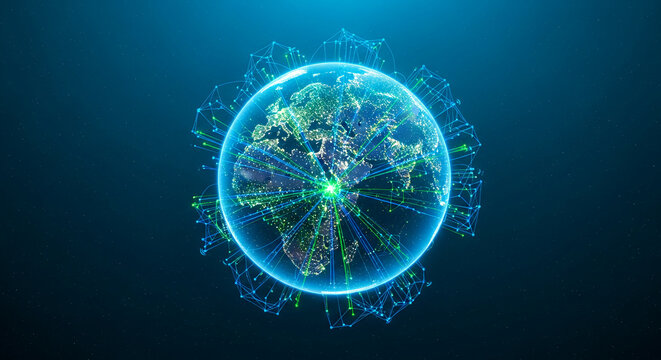 Illuminated globe with geometric network, floating in blue starry space, representing global connection, technology, and digital communication - Powered by Adobe