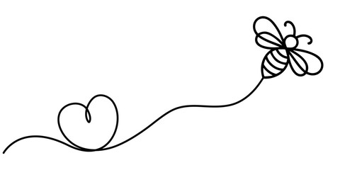 Bee continuous one line drawing and minimalist style isolate outline vector illustration, Minimalist one line drawing of a flying bee with a wavy trail symbolizing movement and energy, perfect